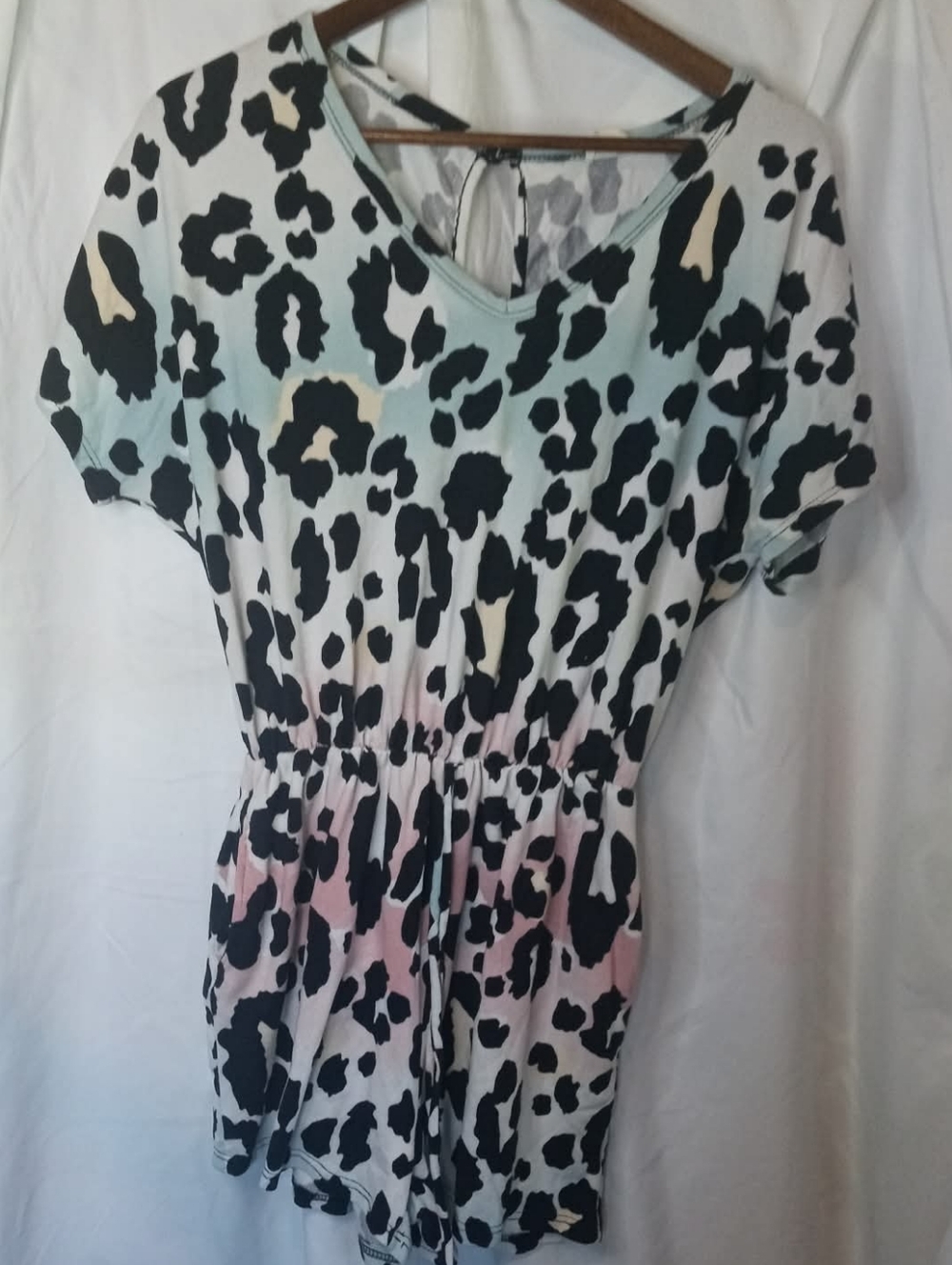 BiBi Pastel Ombre Leopard Print Short Sleeve Romper Shorts Keyhole Cheetah Cute